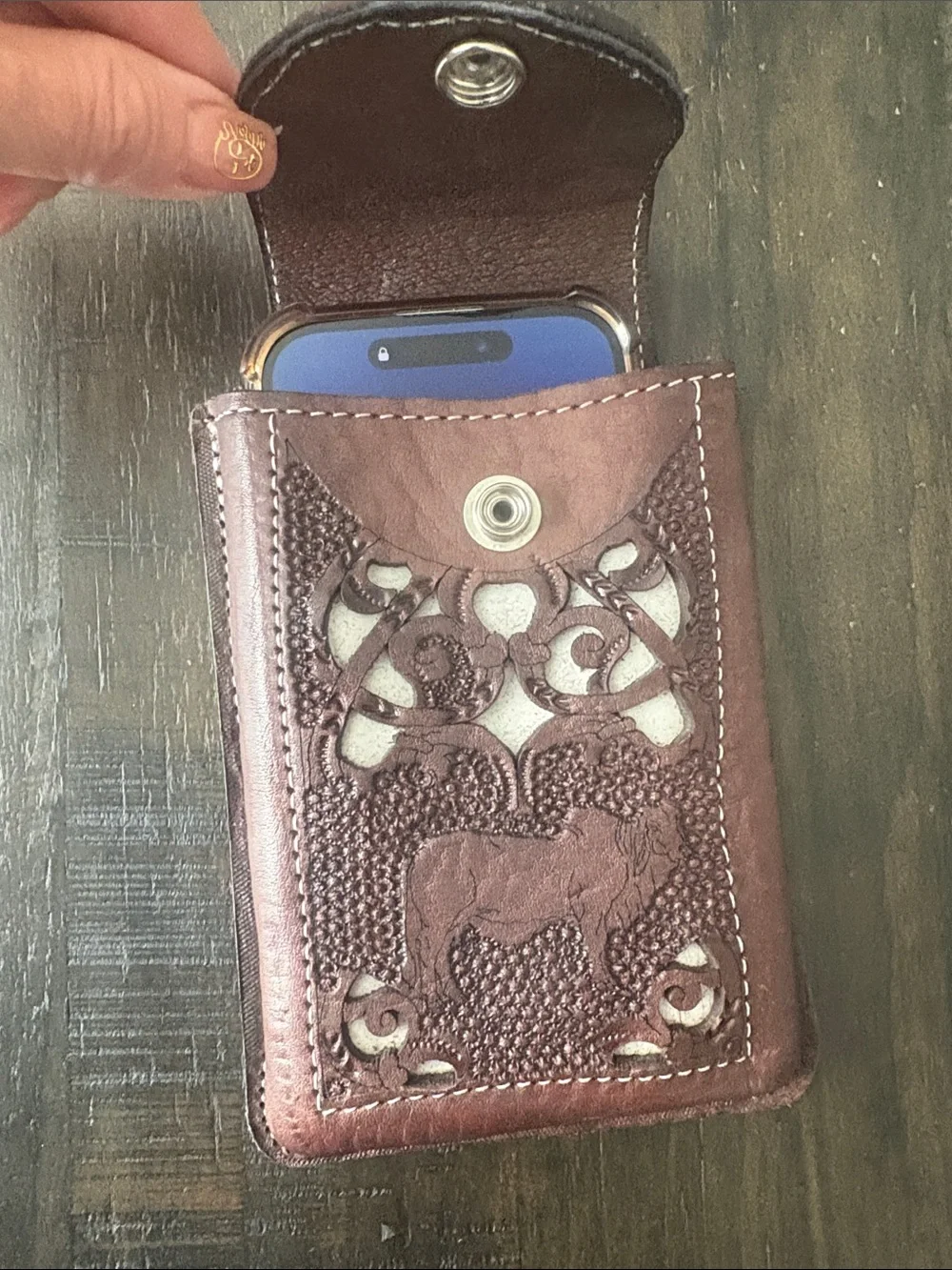 Handcrafted Tooled Leather Phone Sleeve in Rich Brown